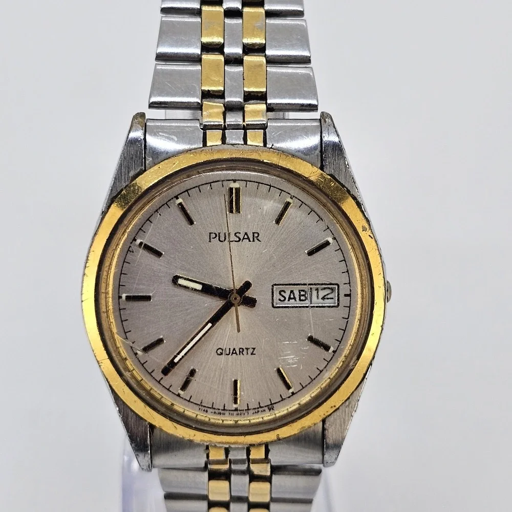 VTG Pulsar Men's Watch 35MM Gray Dial Day Date Two Tone Band 7.5